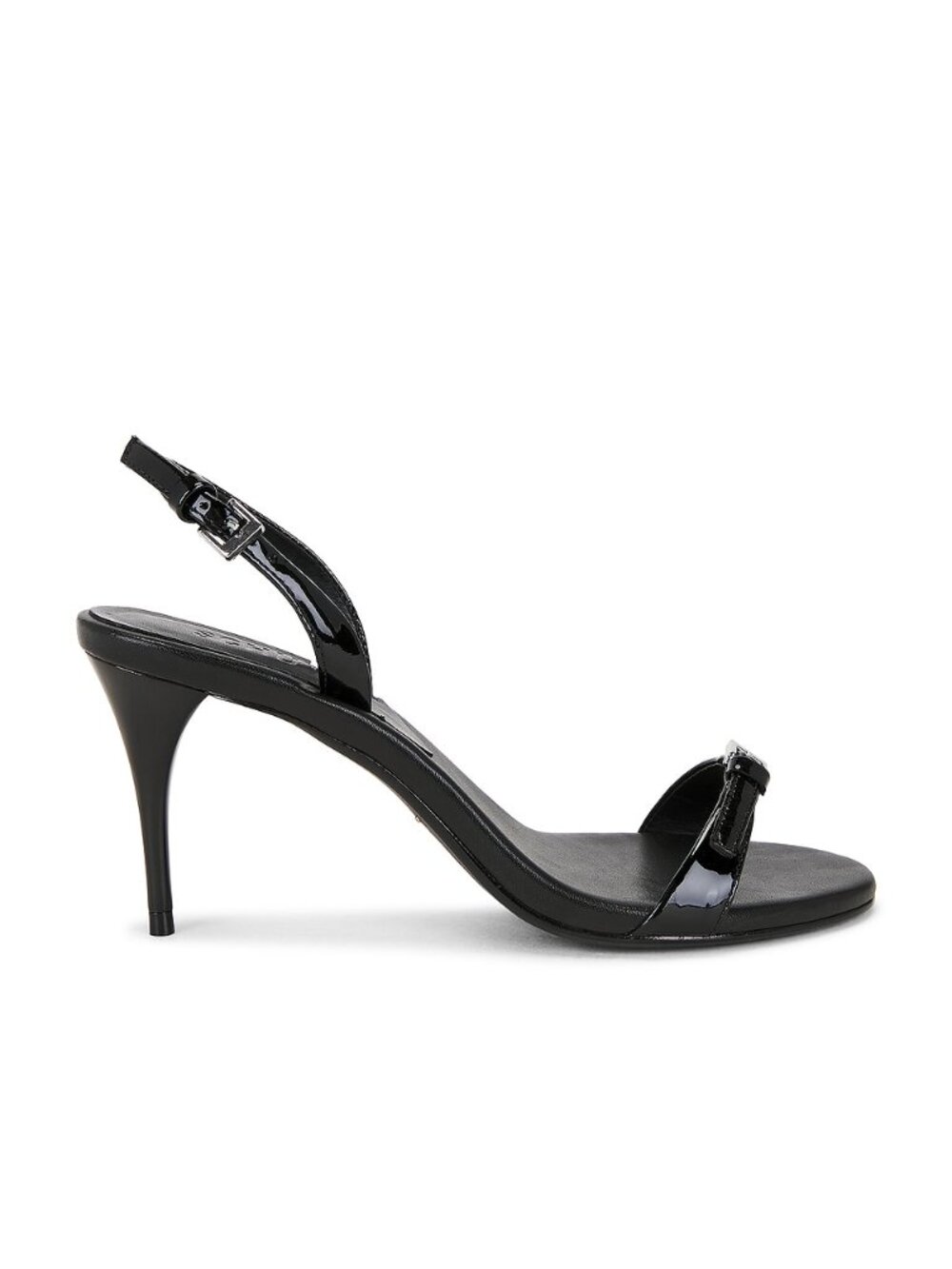 Schutz Aurora Sling Mid Sandal in Black shiny leather slingback mid high heel